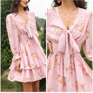 Pink tie front elastic waist floral dress